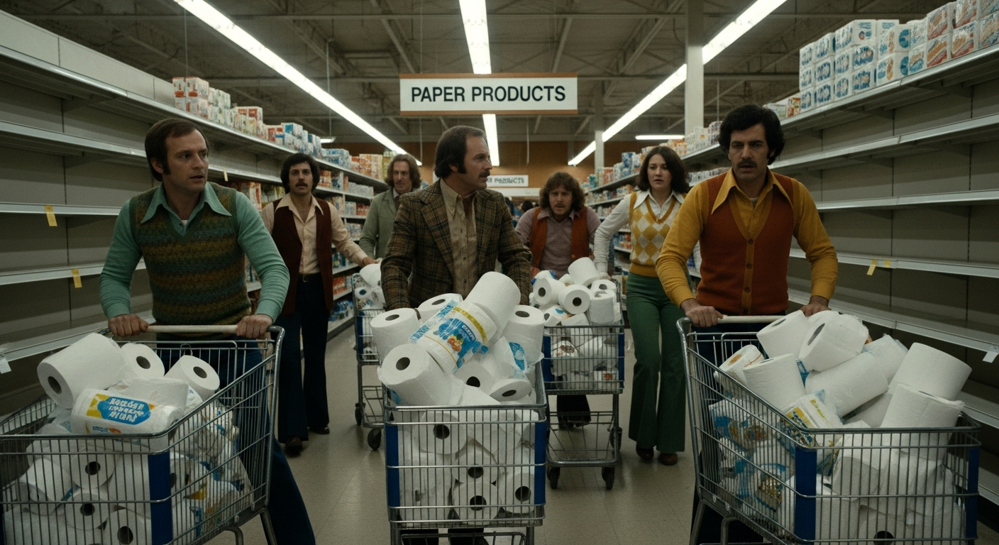 1970s supermarket with empty shelves and frantic shoppers