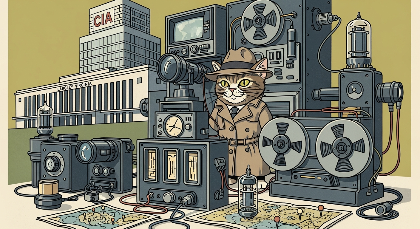 Cold War era spy cat with electronic equipment