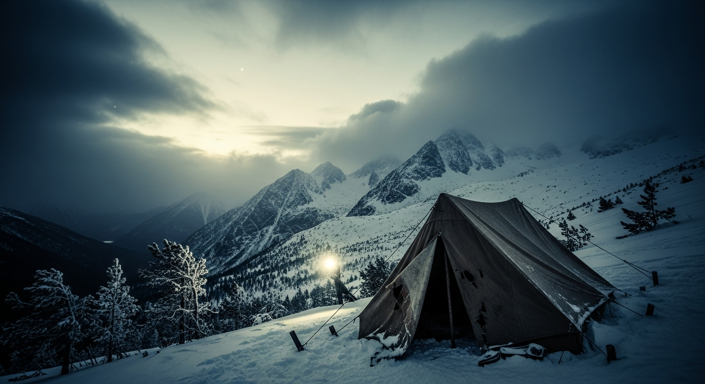 Abandoned tent on snowy Ural Mountain slope