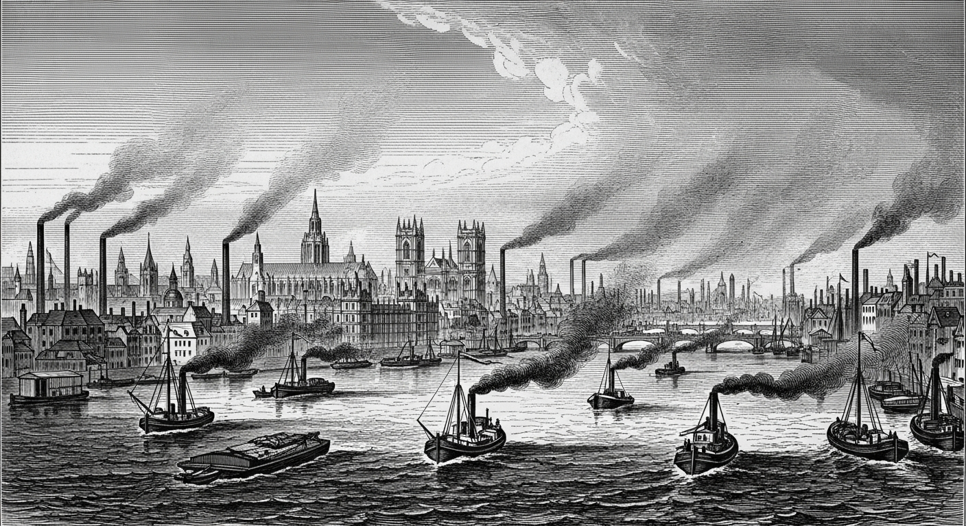 Victorian London Thames River with pollution