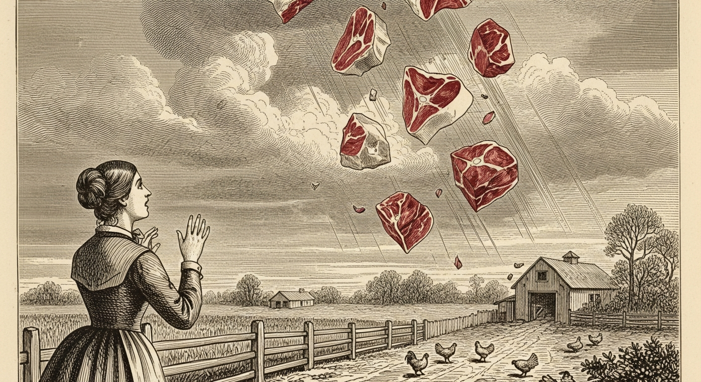 Illustration of meat falling from the sky over 1876 Kentucky farmyard