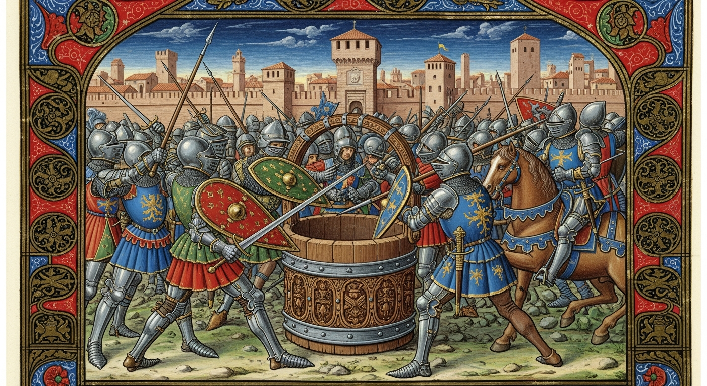 Medieval soldiers fighting over ornate wooden bucket